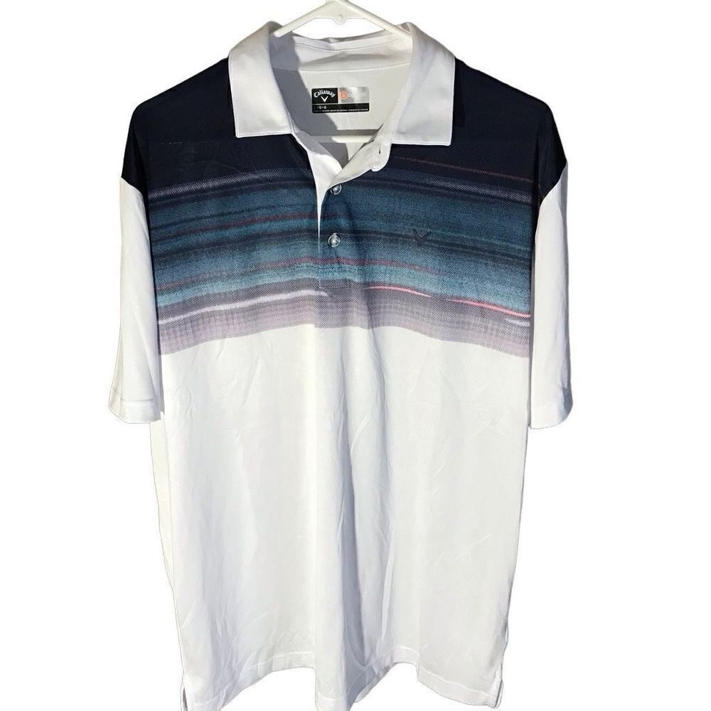 Callaway golf polo men’s shirt Size Large white blue opti Dri athletic striped